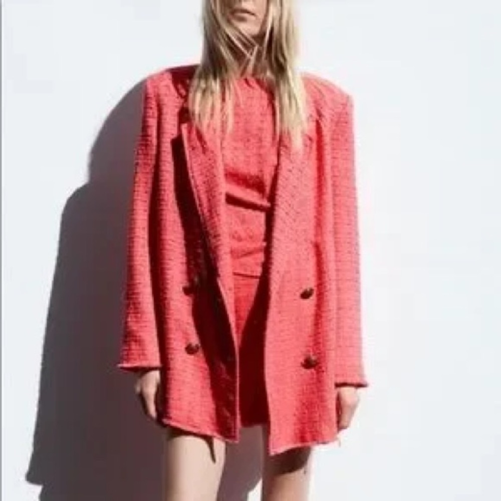 Zara Pink Double-Breasted oversized blazer boucle woven Jacket